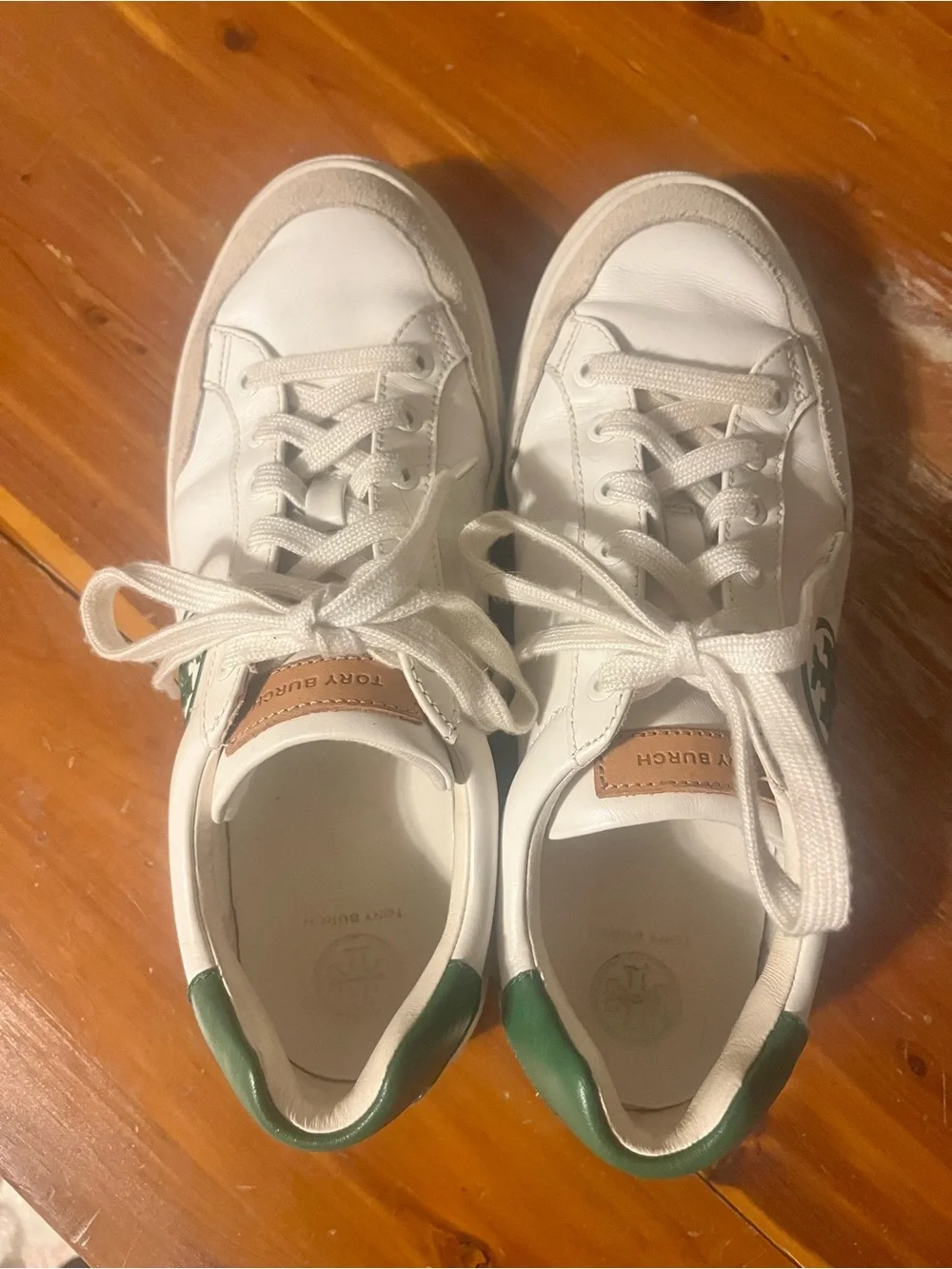 Tory Burch White Leather Sneakers with Green Heel and Beige Suede Toe Cap